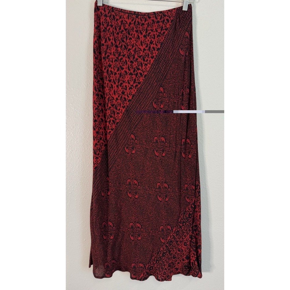 Vintage 90s Carole Little Red Black Rayon Maxi Skirt Boho Whimsigoth Size 8